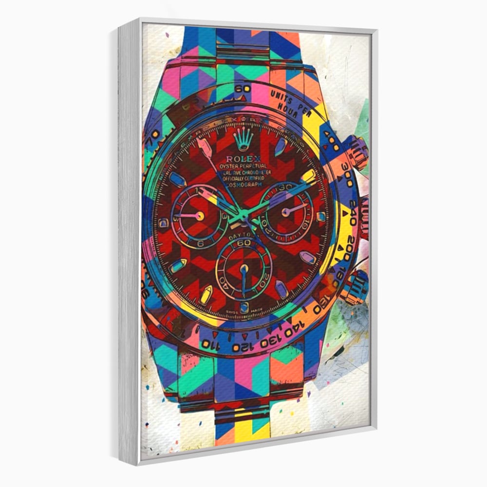 Tablou canvas cu tablou canvas cu ceas colorat tip rolex, in rama de aluminiu argintiu